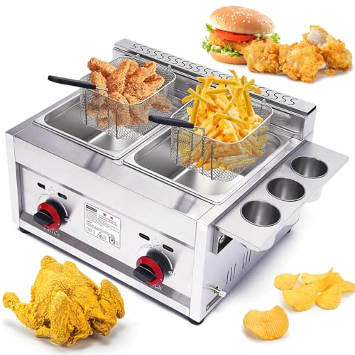 Kommerzielle Gasfritteuse, professionelle Edelstahl-Doppeltank-Fritteuse mit Korb und Deckel, ideal für Restaurants und Heimküchen von Generisch