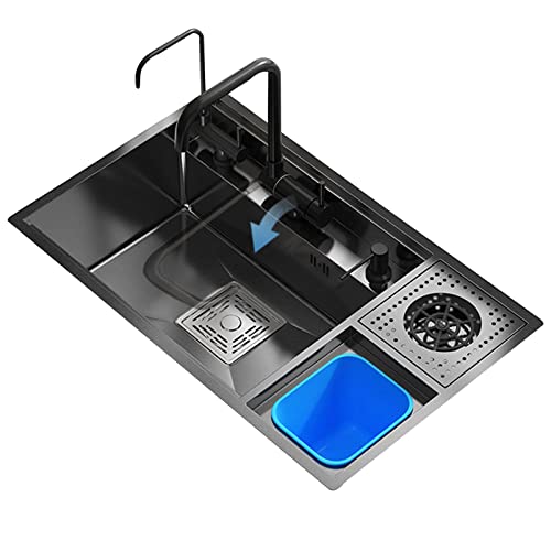Kommerzielle Küchenspüle, Einbauspüle, fliegend, Regen, Wasserfall, Einzelschüssel, 304 Edelstahl, Nano-Geschirrspülspüle, Arbeitsplatz mit Bogenklappung und Tassenspüler von Generisch