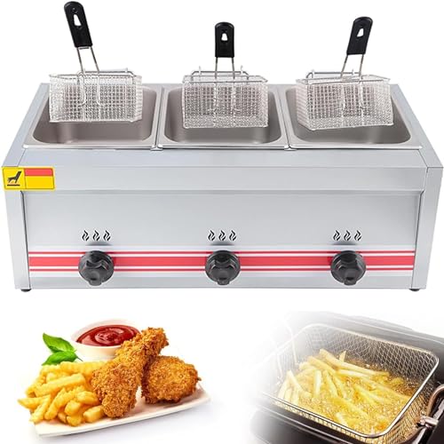 Kommerzielle LPG-Fritteuse aus Edelstahl mit Temperaturkontrolle, freistehendes Arbeitsplatten-Design, inklusive abnehmbarem Korb, Doppelzylinder von Generisch