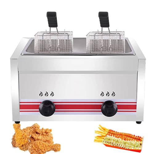 Kommerzielle LPG-Fritteuse aus Edelstahl mit Temperaturkontrolle, freistehendes Arbeitsplatten-Design, inklusive abnehmbarem Korb, Doppelzylinder von Generisch