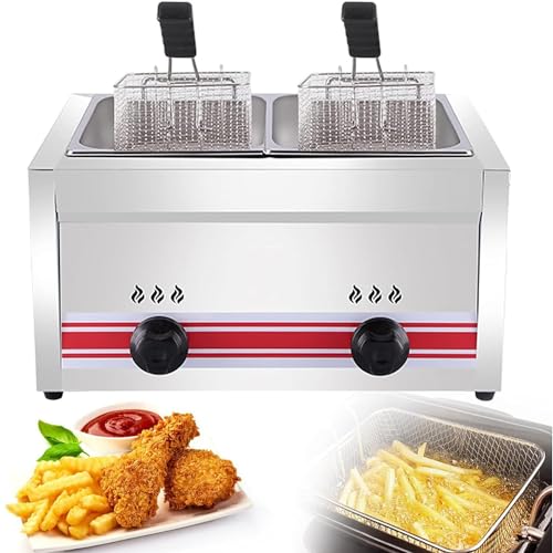 Kommerzielle LPG-Fritteuse aus Edelstahl mit Temperaturkontrolle, freistehendes Arbeitsplatten-Design, inklusive abnehmbarem Korb, Doppelzylinder von Generisch