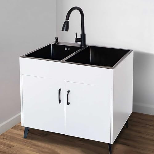 Kommerzielle freistehende Spüle mit Schrank für Innen- und Außenbereich, Küche, Garage, Waschküche/Hauswirtschaftsraum, schwarz, mit Kalt- und Warmwasserhahn von Generisch