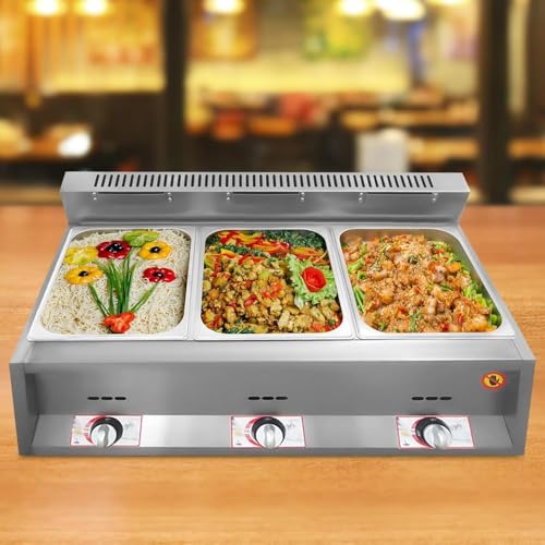 Kommerzieller Gas-Speisenwärmer und Fritteuse, 3-stufiger Edelstahl-Buffet-Dampfgarer mit einstellbarer Temperatur und Deckel, ideal für Gastronomie und Arbeitsplatten Kommerzieller Gas-Speisenwärmer und Fritteuse, 3-stufiger Edelstahl-Buffet-Dampfgarer mit einstellbarer Temperatur und Deckel, ideal für Gastronomie und Arbeitsplatten von Generisch