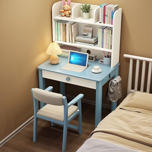 Kompakter Schreibtisch aus Massivholz mit Stall, moderner Schreibtisch mit Schubladen und Bücherregal, Heimbüro, Arbeitsplatz für kleine Räume (70 x 60 x 130 cm, Blau) von Generisch