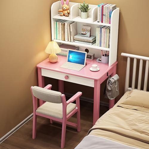 Kompakter Schreibtisch aus Massivholz mit Stall, moderner Schreibtisch mit Schubladen und Bücherregal, kleiner Raum, Heimbüro, Arbeitsplatz (Rosa, 80 x 60 x 130 cm) von Generisch