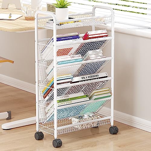 Kompakter rollender Bücherwagen mit Rädern – mobiles Metall-Bücherregal & Aufbewahrungswagen, bodenstehendes Eck-Display-Regal, Zeitschriftenständer für enge Räume – weißes Finish von Generisch