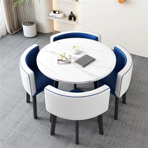 Kompaktes rundes Esstisch und Stühle, modernes Küchenmöbel mit weicher Rückenlehne, wasserdichte Sitze in Blau und Weiß, platzsparendes Design für kleine Räume von Generisch
