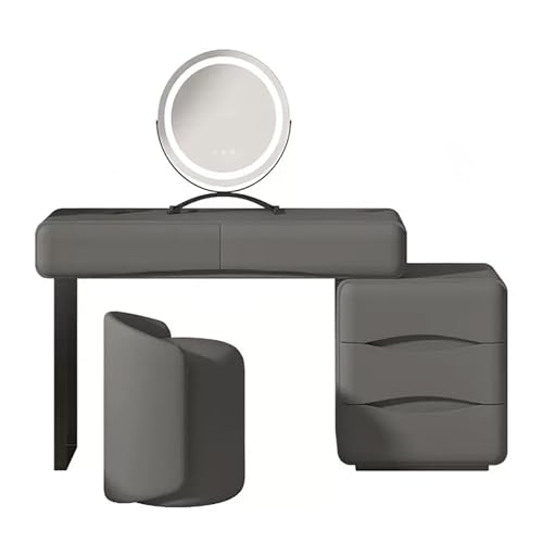 Kosmetik-Set mit 360° drehbarem Spiegel und verstellbarem Schreibtisch und Beistellschrank, inklusive Hocker aus grauem Faserleder-Finish, 100 cm von Generisch