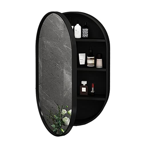 Kosmetikspiegel-Spiegelschrank, ovaler Badezimmer-Spiegelschrank, Wandmontage, Holz, Badezimmer, Medizin, Aufbewahrungsschrank mit Licht (Farbe: Schwarz, Größe: 50 x 80 x 14 cm) von Generisch