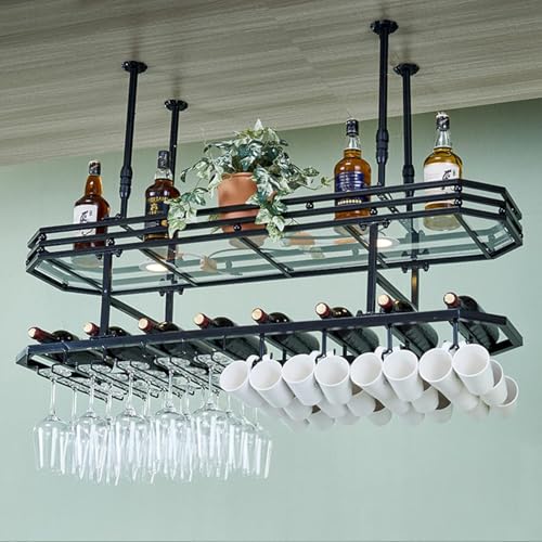 Kreativer hängender Weinglashalter, 2 Ebenen, Deckenregal für Weingläser und Flaschen mit Lichtern, schwarze Weinaufbewahrungslösung für Zuhause, Bar und Küche Kreativer hängender Weinglashalter, 2 Ebenen, Deckenregal für Weingläser und Flaschen mit Lichtern, schwarze Weinaufbewahrungslösung für Zuhause, Bar und Küche von Generisch