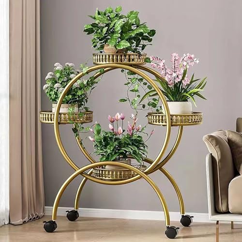 Kreativer mehrschichtiger Metall-Blumenständer mit Rädern, 4/6/8 Tablett, Balkon-Pflanzenregal & Heimdekoration, gelber Garten-Blumentopfhalter für den Innen- und Außenbereich von Generisch
