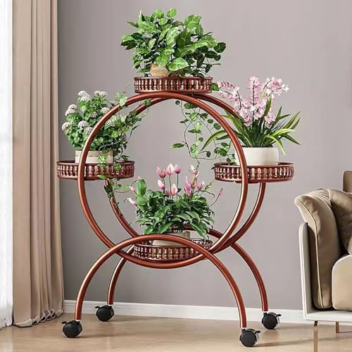 Kreativer mehrschichtiger Metall-Blumenständer mit Rädern, 4/6/8 Tablett, Gartenpflanzenregal für Balkon & Heimdekoration, roter Blumentopfhalter mit 4 Blumentellern von Generisch