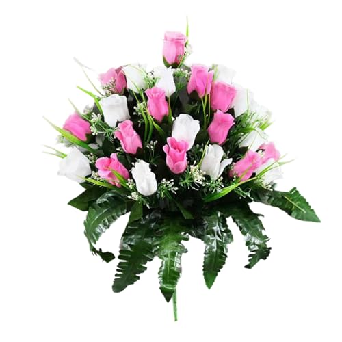 KüNstliche Grabdenkmal Blumen,KüNstliche Friedhofsblumen, Grabgedenkblumen,Friedhof,Grabschmuck Wetterfest Blumen,Friedhof Blumen Rosenstrauß Mit Vase,FüR Friedhof Grabsteine Dekoration (C) von Generisch