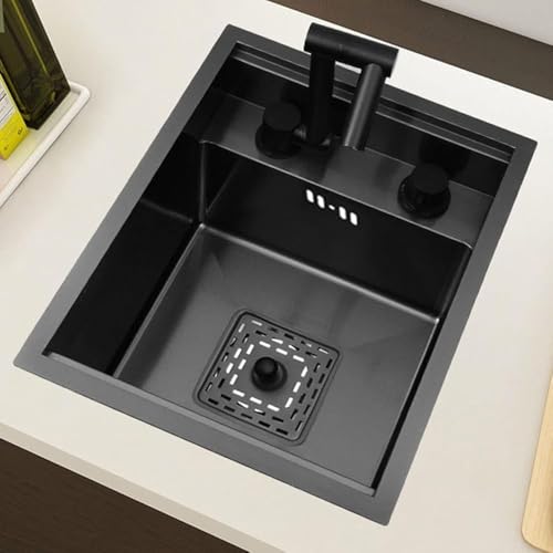 Küche Einzelbecken Bar Platzsparende unsichtbare Spüle Einzelbecken Spüle mit Abdeckung Kleiner eingebetteter Siphon Spüle Edelstahl Arbeitsplatte Waschbecken (Schwarzer Stahl, 32 x 39 x 22 cm) von Generisch