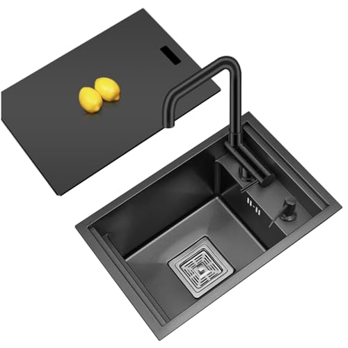 Küche Einzelbecken Bar Platzsparende unsichtbare Spüle Einzelbecken Spüle mit Abdeckung Kleiner eingebetteter Siphon Spüle Edelstahl Arbeitsplatte Waschbecken (Schwarzer Stahl, 32 x 39 x 22 cm) von Generisch
