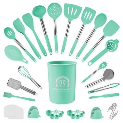 Küchenhelfer Set 45-teilig Küchenutensilien Set Silikon, Spülmaschinenfest mit Utensilienhalter, Hitzebeständig, Antihaft Kochgeschirr, Küchenzubehör Turquoise von Generisch