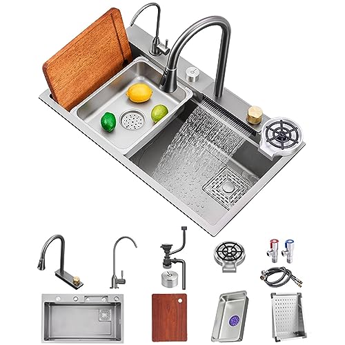 Küchenspüle, Arbeitsplatz mit fliegendem Regen, Wasserfall, ausziehbare Wasserhähne, Druckbecher, Unterlegscheibe, Schneidebrett, Abtropfkorb und Zubehör, 75 x 45 x 21 cm Küchenspüle, Arbeitsplatz mit fliegendem Regen, Wasserfall, ausziehbare Wasserhähne, Druckbecher, Unterlegscheibe, Schneidebrett, Abtropfkorb und Zubehör, 75 x 45 x 21 cm von Generisch