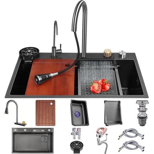 Küchenspüle aus Edelstahl mit 3-in-1 ausziehbarem Wasserhahn, multifunktionales Einzelbecken-Set mit Ablaufbrett, Schneidebrett und Tassenwascher (Schwarzgrau, 75 x 45 x 22 cm) von Generisch