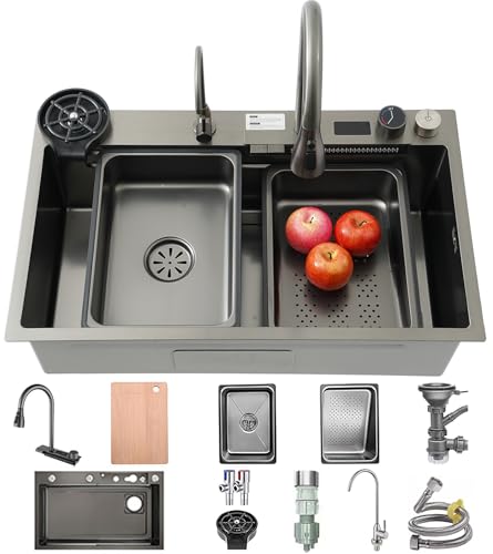 Küchenspüle aus Edelstahl mit Wasserfall-Design, großes Einzelwaschbecken, ausziehbarer Wasserhahn, 2 Tropfkörbe, Schneidebrett, Seifenspender & Glasspülung – stilvoll & funktionell! Küchenspüle aus Edelstahl mit Wasserfall-Design, großes Einzelwaschbecken, ausziehbarer Wasserhahn, 2 Tropfkörbe, Schneidebrett, Seifenspender & Glasspülung – stilvoll & funktionell! von Generisch