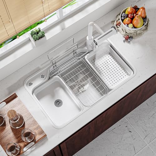 Küchenspüle mit Wasserfall-Wasserhahn-Kombination – Einzelschüssel, Unterbau, modernes Bauernhaus, Edelstahl, tiefe Spüle mit Seifenspender und Abflusssieb-Set von Generisch