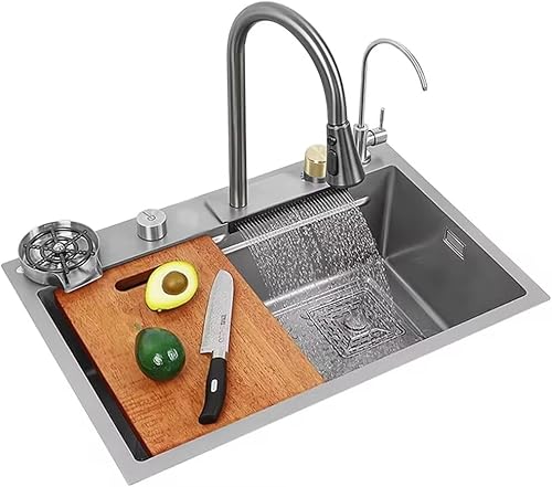 Küchenspüle mit Wasserfallspüle, Edelstahl, modernes Design, langlebig und leicht zu reinigen, ideal für den privaten und gewerblichen Gebrauch, Grau von Generisch