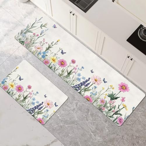 Küchenteppich 2 Stück, Absorbierende Küchenmatte Flower Küchenläufer Rutschfest Waschbar Teppich Küche Läufer Flur Bodenmatte, Carpet Rug für Küchen, Badezimmer Home Decor 120x180cm+120x360cm 1-425 von Generisch