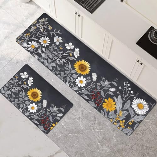 Küchenteppich 2 Stück, Absorbierende Küchenmatte Flower Küchenläufer Rutschfest Waschbar Teppich Küche Läufer Flur Bodenmatte, Carpet Rug für Küchen, Badezimmer Home Decor 120x180cm+120x360cm 1-471 von Generisch