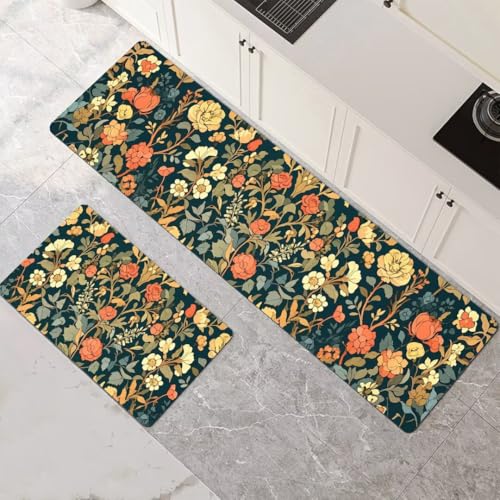 Küchenteppich 2 Stück, Absorbierende Küchenmatte Flowers Küchenläufer Rutschfest Waschbar Teppich Küche Läufer Flur Bodenmatte, Carpet Rug für Küchen, Badezimmer Home Decor 120x180cm+120x360cm 1-497 von Generisch