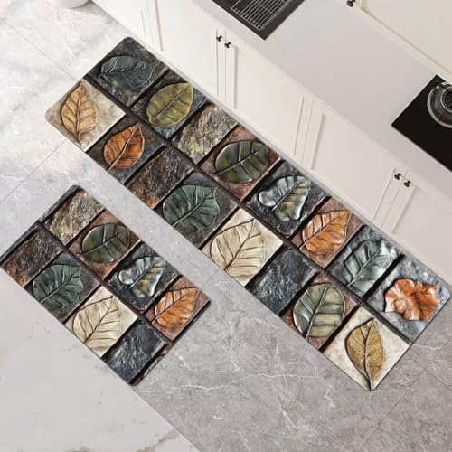 Küchenteppich 2 Stück, Absorbierende Küchenmatte Leaves Küchenläufer Rutschfest Waschbar Teppich Küche Läufer Flur Bodenmatte, Carpet Rug für Küchen, Badezimmer Home Decor 100x160cm+100x300cm 1-315 von Generisch
