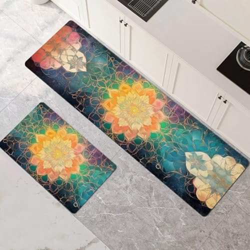 Küchenteppich 2 Stück, Absorbierende Küchenmatte Mandala Küchenläufer Rutschfest Waschbar Teppich Küche Läufer Flur Bodenmatte, Carpet Rug für Küchen, Badezimmer Home Decor 120x180cm+120x360cm 1-65 von Generisch