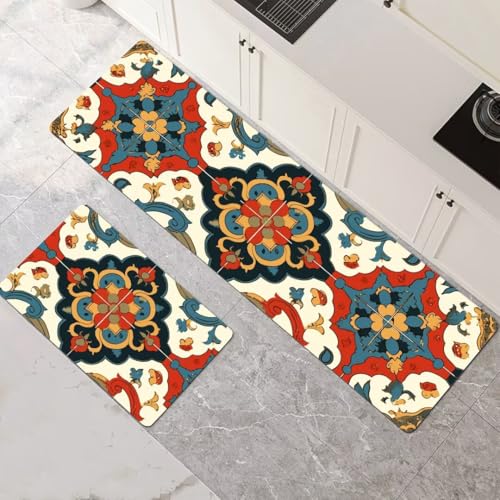 Küchenteppich 2 Stück, Absorbierende Küchenmatte Mandala Küchenläufer Rutschfest Waschbar Teppich Küche Läufer Flur Bodenmatte, Carpet Rug für Küchen, Badezimmer Home Decor 80x120cm+80x240cm 1-419 von Generisch