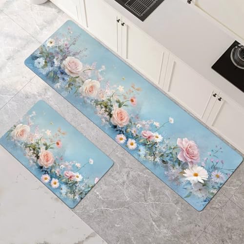 Küchenteppich 2 Stück, Absorbierende Küchenmatte Pink Küchenläufer Rutschfest Waschbar Teppich Küche Läufer Flur Bodenmatte, Lang Carpet Rug für Küchen, Badezimmer Home Decor 120x180cm+120x360cm 1-121 von Generisch