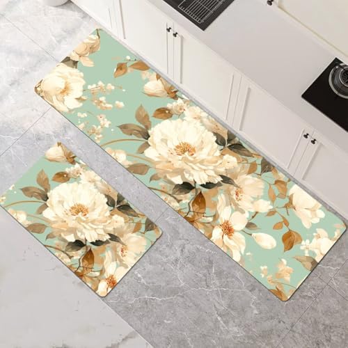 Küchenteppich 2 Stück Absorbierende Küchenmatte Pfingstrose Küchenläufer Rutschfest Waschbar Teppich Küche Läufer Flur Bodenmatte Carpet Rug für Küchen Badezimmer Home Decor 120x180cm+120x360cm 1-107 von Generisch