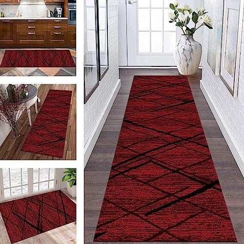 Küchenteppich Läufer Teppich Flur rutschfeste Teppichmatten Küchenläufer 50 x 200 cm Rot Schwarz Muster Korridor Teppichläufer Waschbar Meterware Teppich Küchenmatten Wohnzimmer Schlafzimmer von Generisch