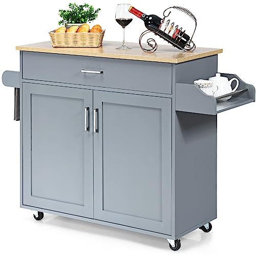 Küchenwagen mit Handtuchhalter und Gewürzboard, Kücheninsel mit Schublade und höhenverstellbare Ablage, Küchenschrank rollbar, Servierwagen aus Holz, Kücheninselwagen (Grau) von Generisch