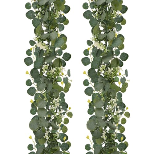 Künstliche Eukalyptus-Girlande mit weißen Blumen, grüne Blätter, grüne Blumenketten für Heimdekoration, Hochzeit, Hintergrund, Tischbogen, Wanddekoration (2 Stück) von Generisch