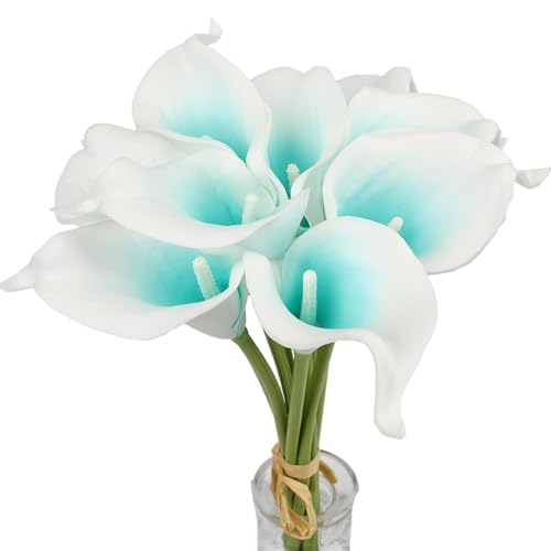 Künstliche Mini-Calla-Lilien, 10 Stiele, Brautsträuße, künstliche Latex-Blumen, fühlt sich echt an, für Zuhause, Party-Dekoration (Türkis-Weiß) von Generisch