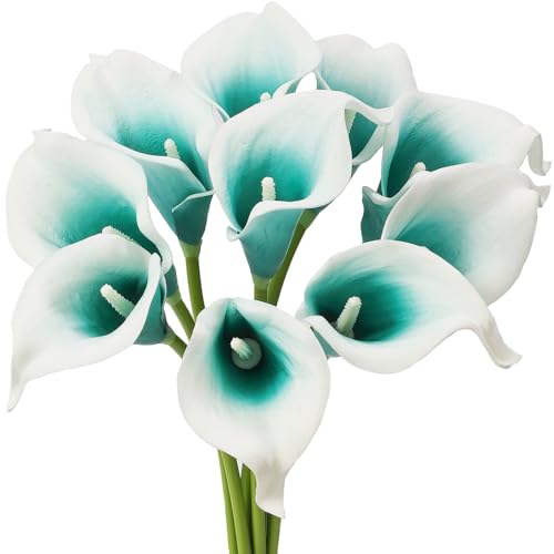Künstliche Mini-Calla-Lilien, 10 Stiele, Brautsträuße, künstliche Latexblumen, fühlt sich echt an, für Zuhause, Party, Dekoration (Blaugrün, Weiß) von Generisch