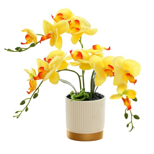 Künstliche Orangefarbene Dreizackige Orchideenblume im Topf Goldener Boden Phalaenopsis Dekorationsblume mit Blumentopf Eingetopfte Weiße Schmetterlings Simulationsblume (Gelb) von Generisch