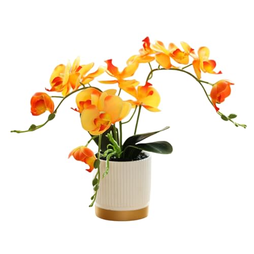 Künstliche Orangefarbene Dreizackige Orchideenblume im Topf Goldener Boden Phalaenopsis Dekorationsblume mit Blumentopf Eingetopfte Weiße Schmetterlings Simulationsblume (Orange) von Generisch