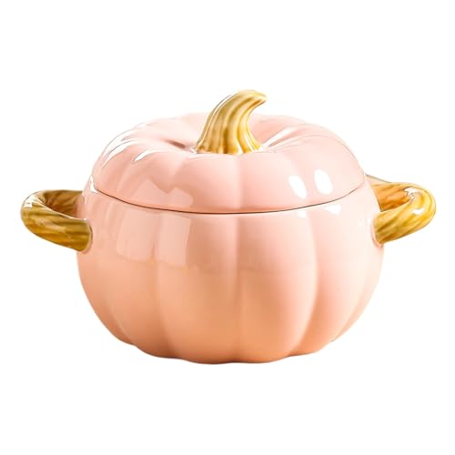 Kürbis Keramik Topf,Niedliche KeramikKürbis Schüssel,Antihaft Keramik KürbisKasserolle mit Deckel,Porzellan KürbisKochgeschirr,Halloween Dankeschön Geschirr (Rosa) von Generisch