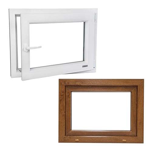 Kunststoff/Keller/Garagen/Hallen Fenster PVC Billig Günstig Holzoptik Hochwertiges SALAMANDER Dreh Kipp 2-Fach Verglasung Innen Weiss Außen Goldene Eiche 60x115cm 600x1150mm DIN Rechts Hersteller von Generisch