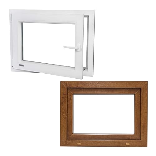 Kunststoff/Keller/Garagen/Hallen Fenster PVC Billig Günstig Holzoptik Hochwertiges SALAMANDER Dreh Kipp 2-Fach Verglasung Innen Weiss Außen Goldene Eiche 60x80cm 600x800mm DIN Links Hersteller von Generisch