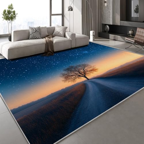 Kurzflor Teppich 3D Großer Baum Pflanze Teppich Matten rutschfeste FußMatte Sternenhimmel Verträumt Muster Kinder Spielteppiche FüR Schlafzimmer Flur Wohnzimmer Boden 160x230 cm von Generisch