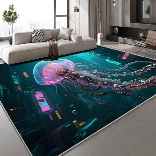 Kurzflor Teppich 3D Quallen Leuchtend Teppich Matten rutschfeste FußMatte Unter Dem Meer Traum Muster Kinder Spielteppiche FüR Schlafzimmer Flur Wohnzimmer Boden 50x80 cm von Generisch