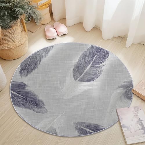 Kurzflor Teppich Rund 180 cm, Grau Weiß Einfache Federn Muster Terrassen Teppich Dekorative Wohnzimmer Schlafzimmer, Teppiche Anti-Rutsch Unterseite von Generisch