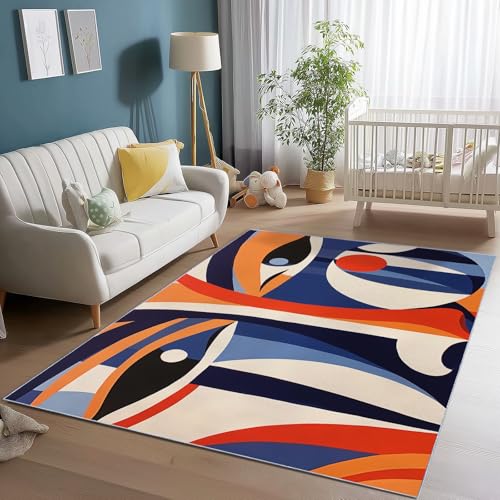 Kurzflor Waschbar Teppich Bunt - Abstrakt Gesicht Linien Muster Weich rutschfest Teppich für Wohnzimmer Schlafzimmer Esszimmer Spielzimmer, 60 x 90 cm Kinderteppich von Generisch