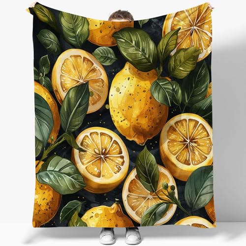 Generisch Gelb Sherpa Schafdecke, Frucht Zitronen Thema Comfort Luxuriöse Flauschige Kuscheldecke–weiche Fleece Decke für Couch und Bett 100x130 cm von Generisch