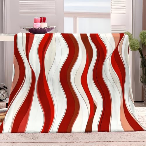 Kuscheldecke Flauschig 150x200 cm Weiche Warme Decke Rote Weiße Linien Microfaser Tagesdecke Fleecedecke als Decke Sofa, Wohndecke oder Couchdecke überwurf von Generisch