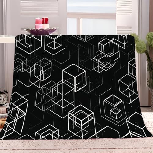 Kuscheldecke Flauschig 180x220 cm Weiche Warme Decke Schwarze Abstrakte Geometrische Quadrate Microfaser Tagesdecke Fleecedecke als Decke Sofa, Wohndecke oder Couchdecke überwurf von Generisch
